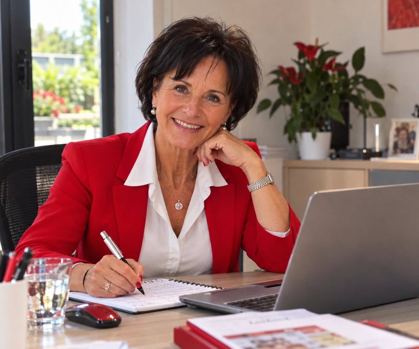 Anne Vierling im roten Blazer am Schreibtisch mit Laptop und Notizblock