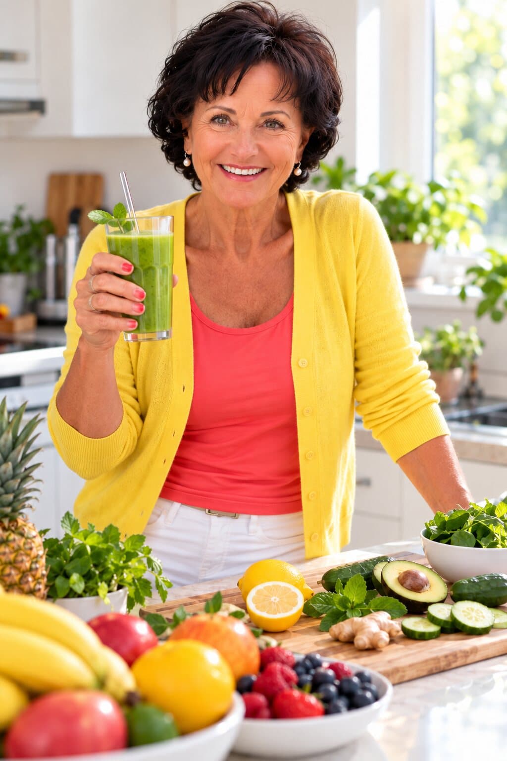 Anne Vierling mit einem grünen Smoothie in einer hellen Küche mit frischem Obst und Gemüse